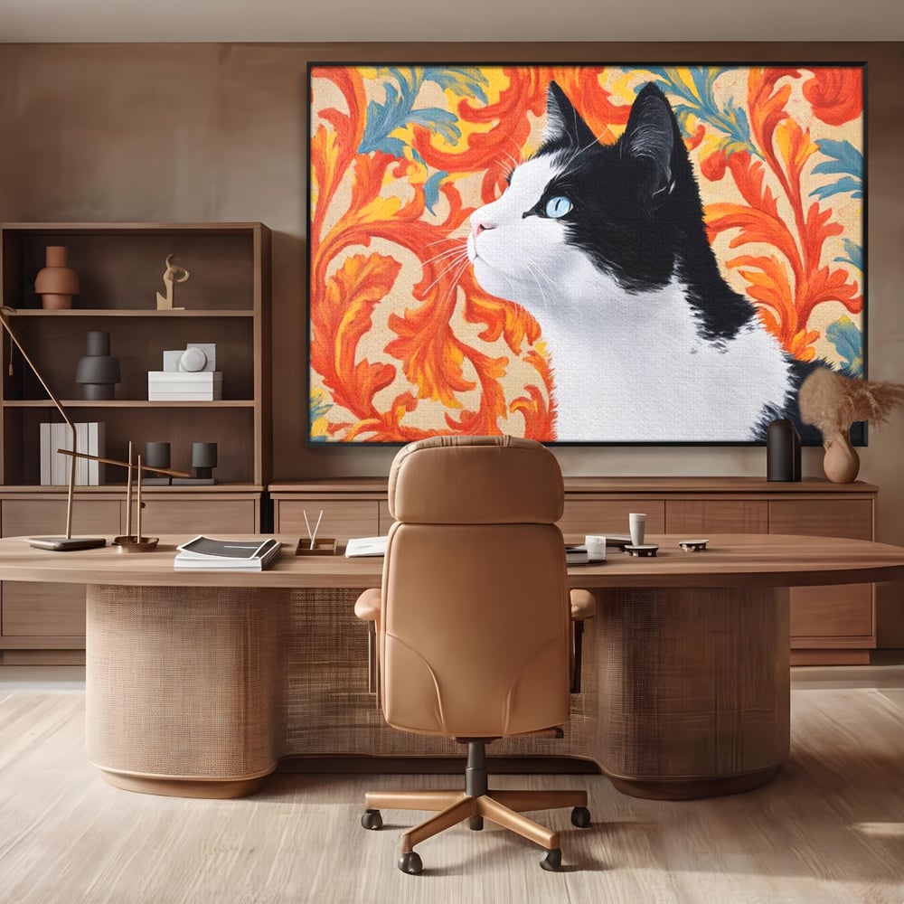 Tablou canvas cu tablou canvas cu pisica si fundal floral, in rama de aluminiu negru, pe perete intr-un birou